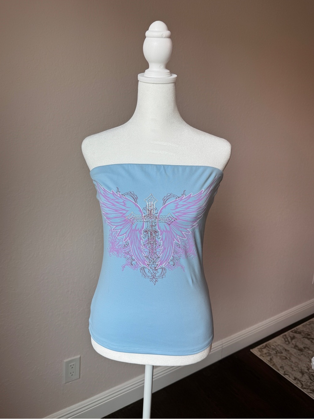 NWOT Frankee & Skylarr Strapless Blue Tube Top with Pink Graphic rhinestone M